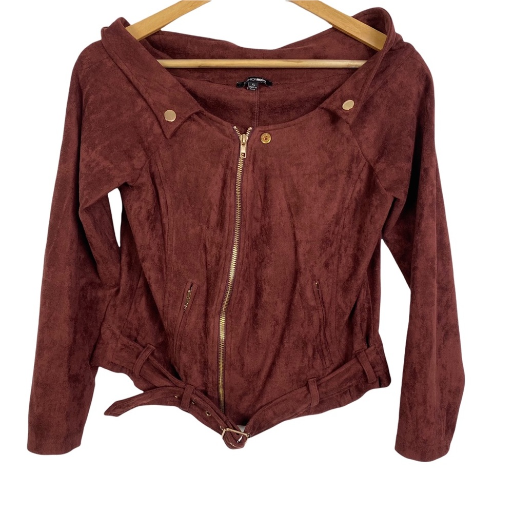 Fashion Nova Off-Shoulder Belted Jacket Suede Like Maroon Gold hardware Zip XL - Picture 1 of 10